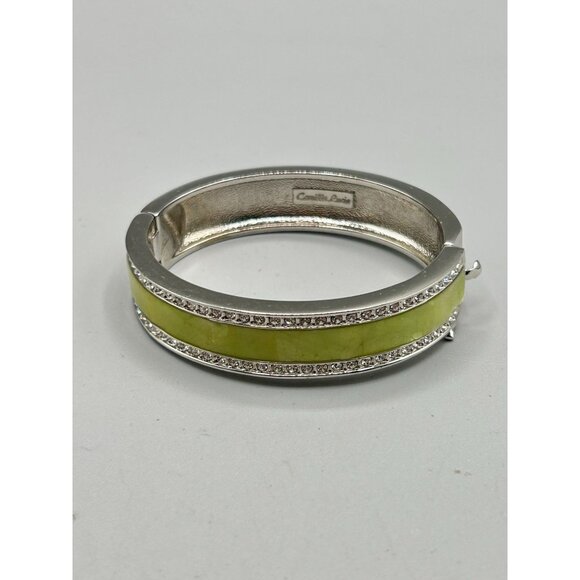 Signed Camille Lucie Hinged Bangle Bracelet Yellow Green Enamel and Rhinestones - Picture 4 of 8